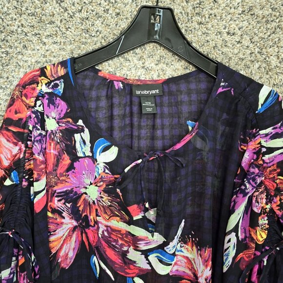 Lane Bryant Top Womens Plus 14/16 Navy Blue Sheer Chiffon Neck Tie Blouse Ladies - Picture 4 of 7